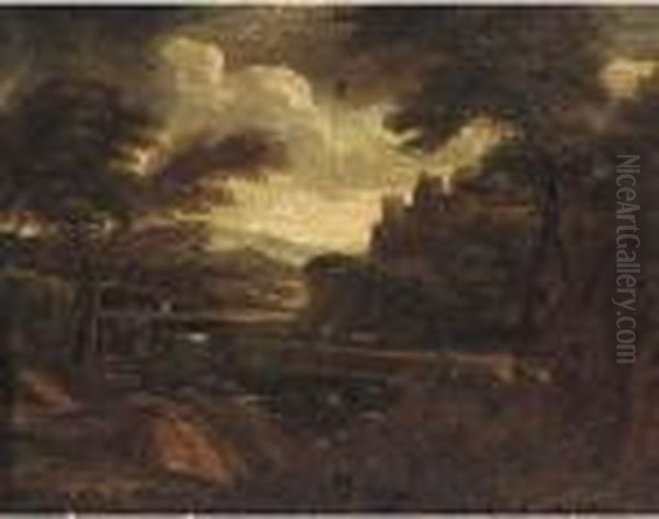 A Classical Landscape With Figures On A River Side Track Oil Painting by Gaspard Dughet Poussin