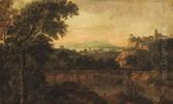 An Extensive Classical Landscape With Travellers Near A Lake Oil Painting by Gaspard Dughet Poussin