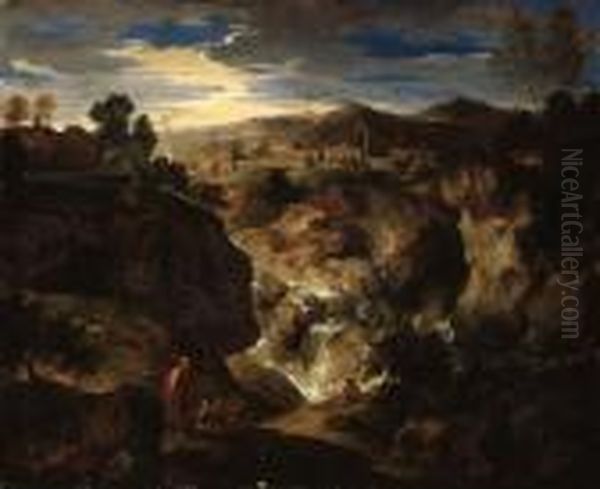 A Rocky Landscape With Figures By A Waterfall And A Town Beyond Oil Painting by Gaspard Dughet Poussin