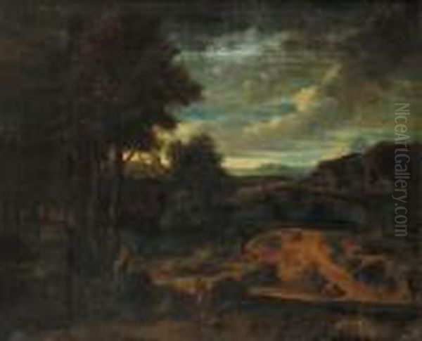 An Italianate Landscape At Sunset With Shepherds In The Foreground Oil Painting by Gaspard Dughet Poussin