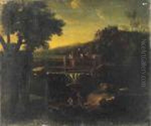 Paesaggio Laziale Con Borghi, Una Cascata E Due Astanti In Lontananza Oil Painting by Gaspard Dughet Poussin