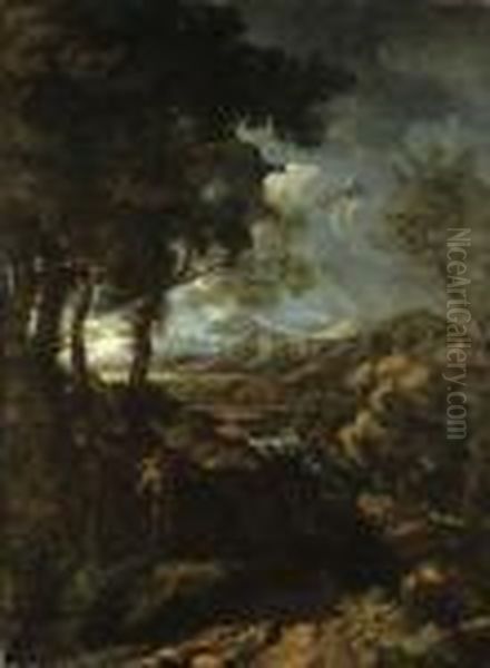 A Wooded Landscape With Elijah And The Angel Oil Painting by Gaspard Dughet Poussin