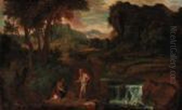 An Extensive Landscape With A Woman And Hermit Saint By A Rockyriver Oil Painting by Gaspard Dughet Poussin