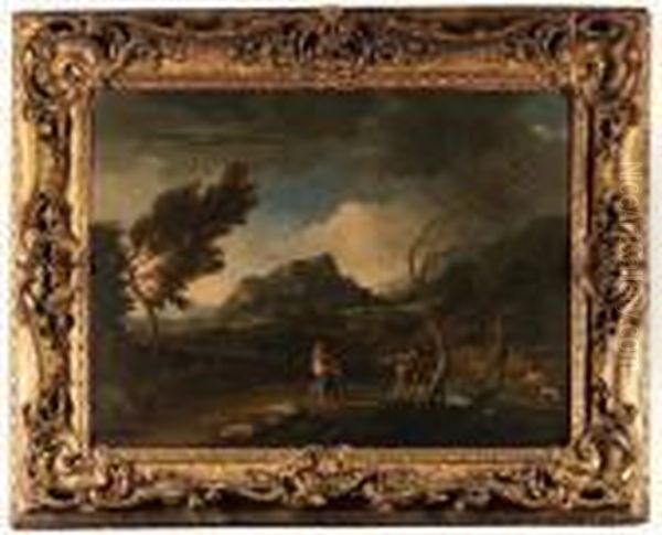 A Stormy Italianate Landscape With Figures By A River, A Townbeyond Oil Painting by Gaspard Dughet Poussin