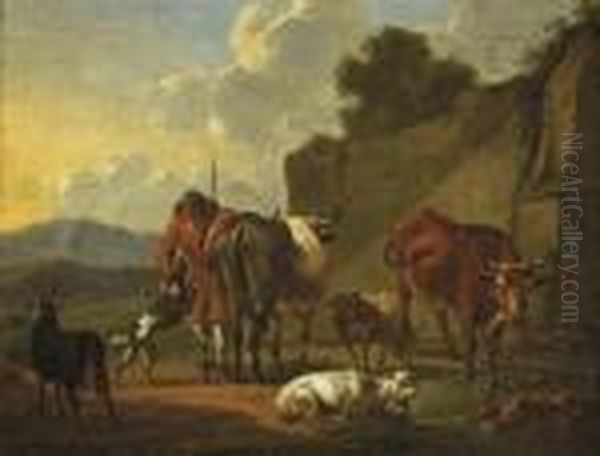 A Herdsman With His Cattle Resting Near A Stream Oil Painting by Karel Dujardin