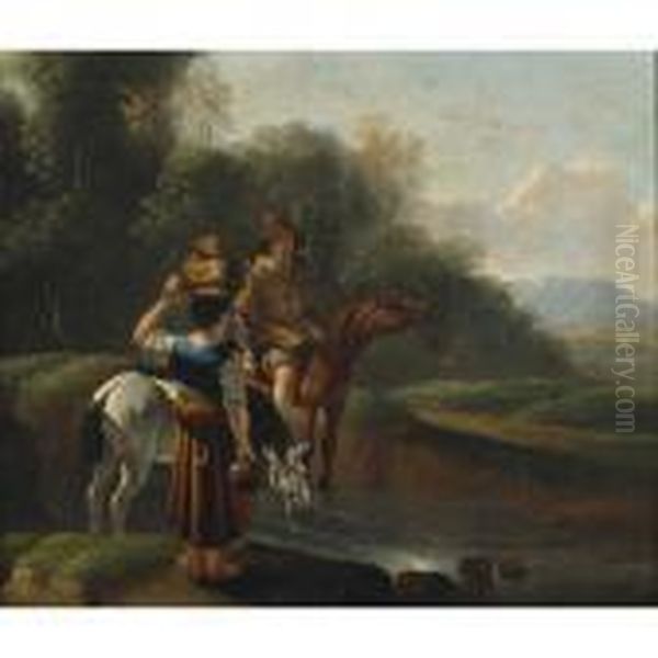 Early Morn (couple With Their Horses Gathering Water In Alandscape) Oil Painting by Karel Dujardin