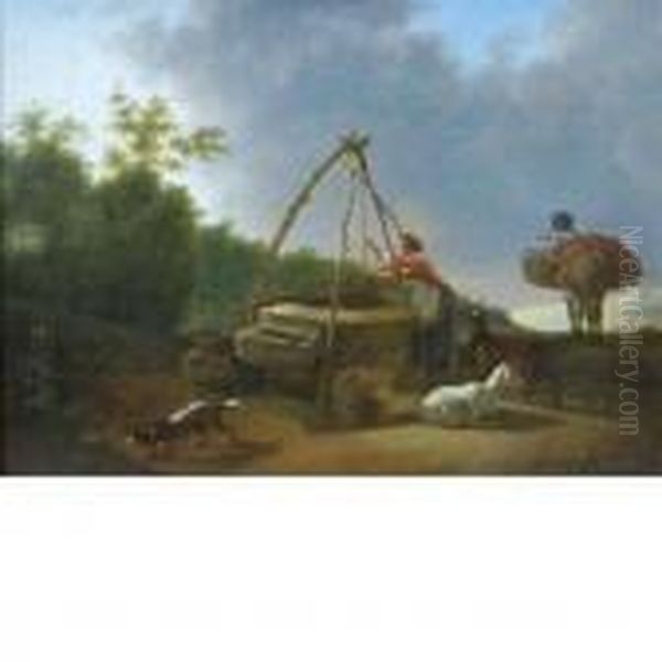 Woman Stopping At A Well Besidea Road Oil Painting by Karel Dujardin