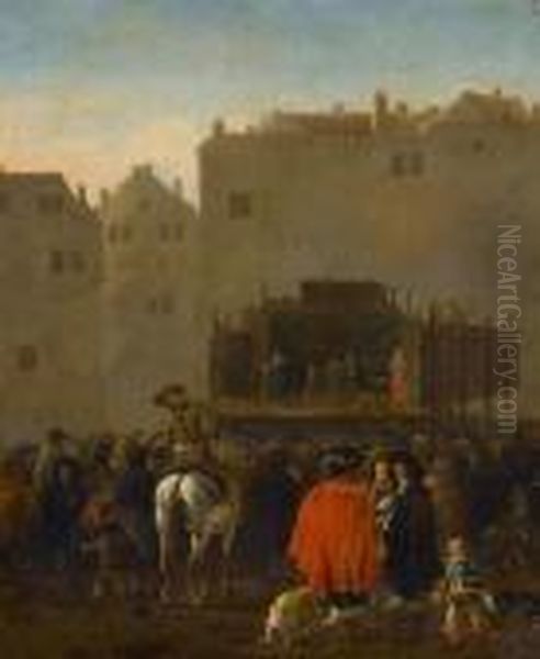 The Commedia Dell'arte At A Market Square Oil Painting by Karel Dujardin