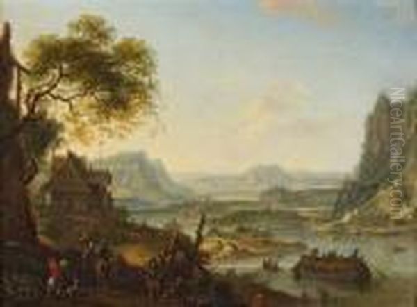 Weite Fantasielandschaft Mit Einem Fluss Und Bergen Oil Painting by Karel Dujardin