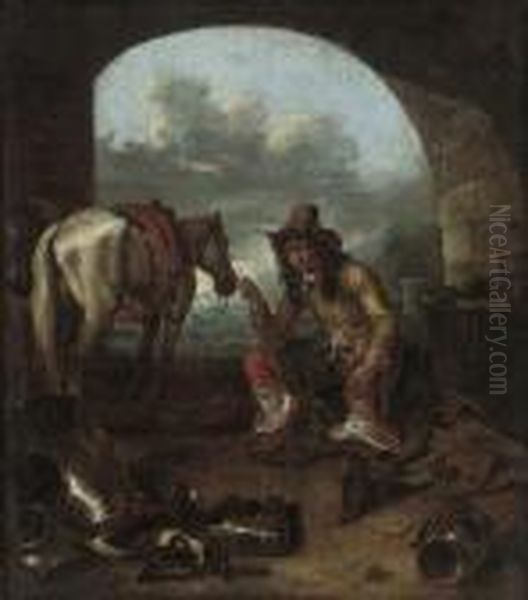 A Traveller Smoking A Pipe Oil Painting by Karel Dujardin