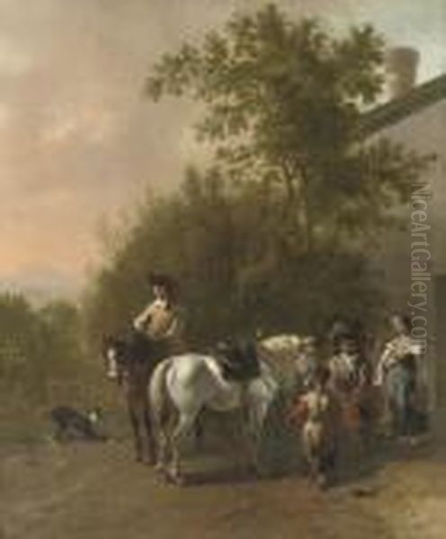 Travellers On Horseback Resting In An Italianate Landscape Oil Painting by Karel Dujardin