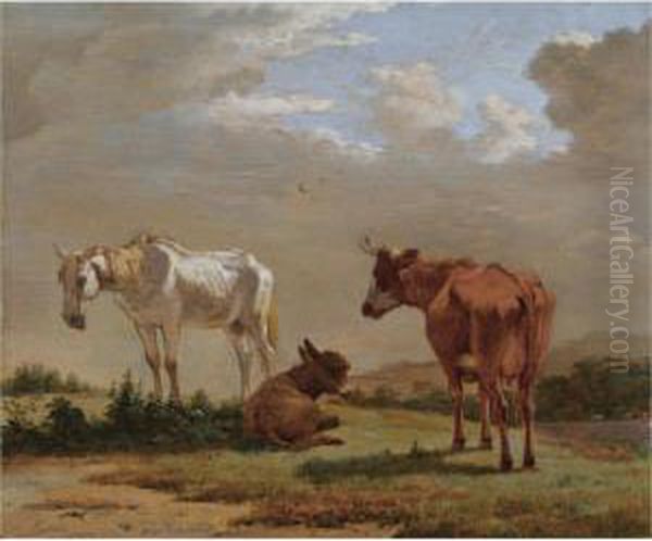 A White Horse, A Cow And A Donkey In A Landscape Oil Painting by Karel Dujardin