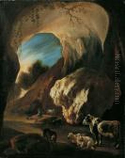 Ein Hirte Mit Vieh In Einer Grotte. Oil Painting by Karel Dujardin