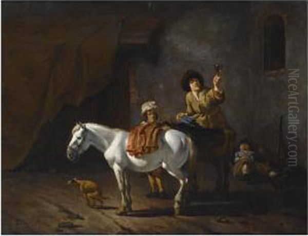 Two Horsemen With Their Horses 
And A Dog Near A Stable, Another Horseman Sleeping In The Background Oil Painting by Karel Dujardin