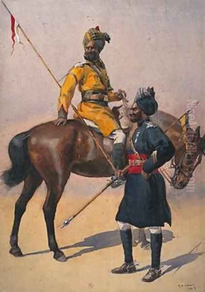 Soldiers of the 1st Duke of Yorks Own Lancers Skinners Horse Hindustani Musalman and 3rd Skinners Horse Musalman Rajput Oil Painting by Alfred Crowdy Lovett