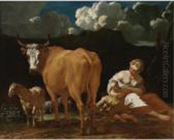 Italianate Landscape With A Woman, Two Children, A Bull, Sheep And A Dog Oil Painting by Karel Dujardin