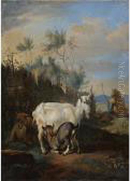 Nanny Goat And Her Young In An Italianate Landscape Oil Painting by Karel Dujardin