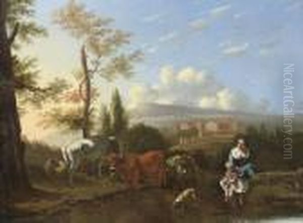 A Mountainous Landscape With A 
Woman And Child By A River, With A Donkey And Cart, A Town Beyond Oil Painting by Karel Dujardin