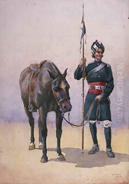 Soldier of the 19th Lancers Fanes Horse Punjabi Musalman Oil Painting by Alfred Crowdy Lovett