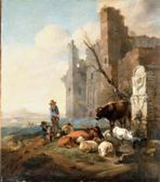 An Italian Landscape With Herdsmen Oil Painting by Karel Dujardin