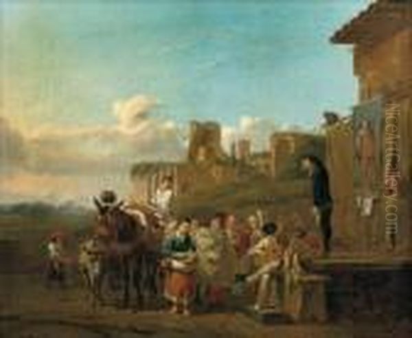 Peasants Gathered Around A Stage To Watch A 'comedia Dell'arte' Play Oil Painting by Karel Dujardin