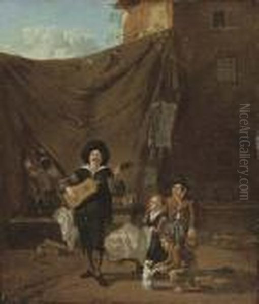 A Guitar Player With Children Looking On Oil Painting by Karel Dujardin