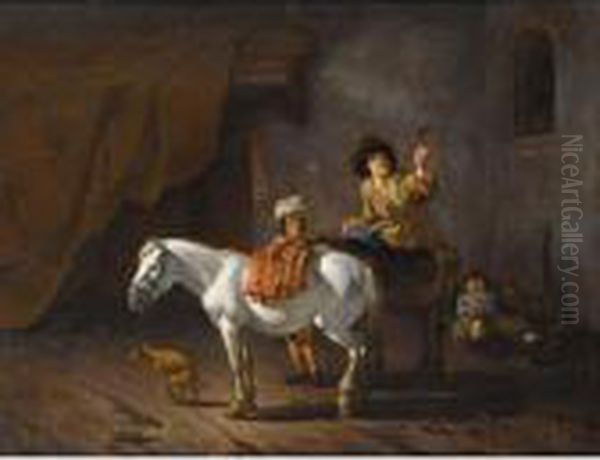 Two Horsemen With Their Horses 
And A Dog Near A Stable, Another Horseman Sleeping In The Background Oil Painting by Karel Dujardin