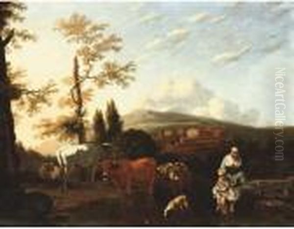 A Peasant Woman And Boy With Cattle In An Italianate Landscape Oil Painting by Karel Dujardin