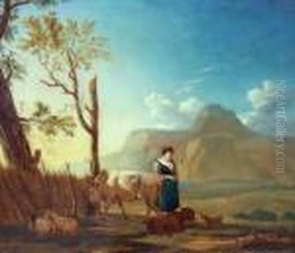 Sudlandische Landschaft Mit Junger Frau Und Tieren Oil Painting by Karel Dujardin