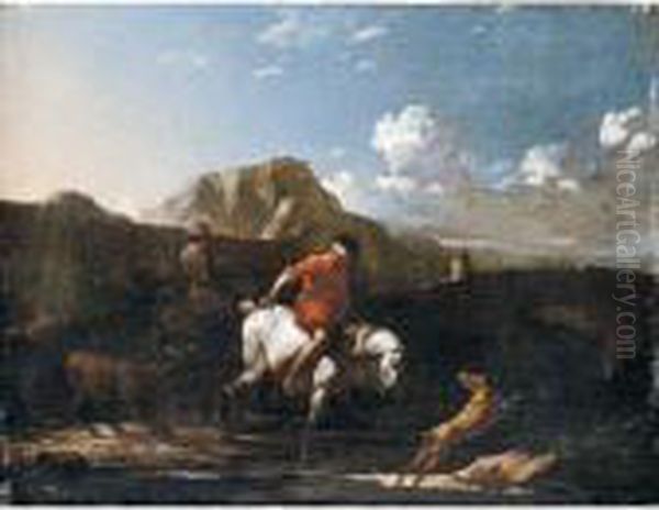 A Southern Landscape With A Boy Fording A Stream On A Grey Pony Oil Painting by Karel Dujardin