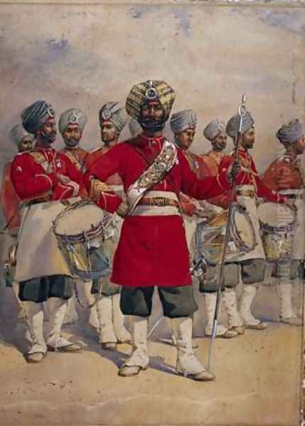 Soldiers of the 45th Rattrays Sikhs the Drums Jat Sikhs Oil Painting by Alfred Crowdy Lovett