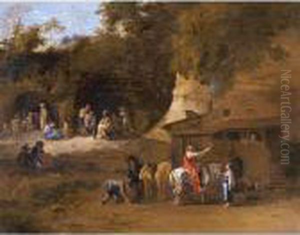 Figures And Horses By An Inn Oil Painting by Karel Dujardin