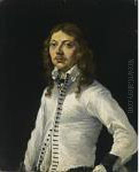 A Portrait Of A Gentleman, Aged 27, Standing Half Length, Wearing A White Shirt Oil Painting by Karel Dujardin