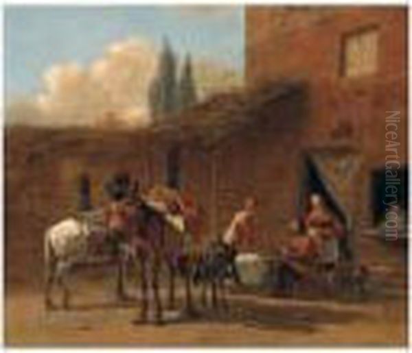 Travellers And Pack Animals In The Courtyard Of An Inn Oil Painting by Karel Dujardin