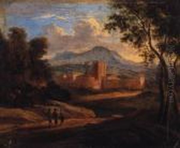 An Italianate Landscape With Travellers On A Track, A Walled Townbeyond Oil Painting by Karel Dujardin