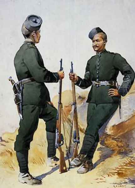 Soldiers of the 39th Garwhal Rifles Garwhalis Oil Painting by Alfred Crowdy Lovett