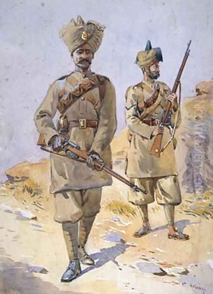 Soldiers of the 30th Punjabis Awan and the 20th Duke of Cambridges Own Infantry Oil Painting by Alfred Crowdy Lovett