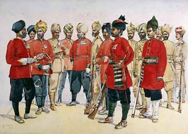 VCOs NCOs and sepoys of various Punjab Regiments Oil Painting by Alfred Crowdy Lovett