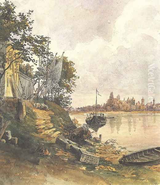 Regensburg View of the River Bank 1849 Oil Painting by Karoly Lajos Libay