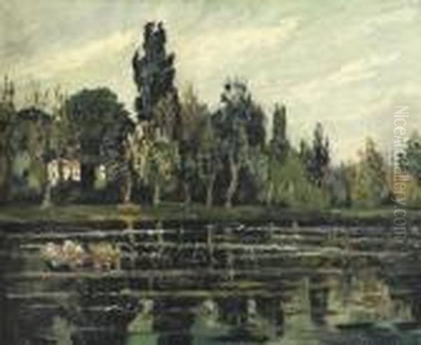 A Country Mansion By A Lake Oil Painting by Pierre Dumont