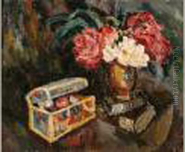 Nature Morte Au Fleurs Et Au Coffret Oil Painting by Pierre Dumont