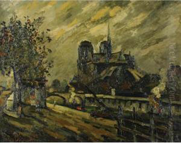 Notre-dame, Vue De La Rive Gauche, Paris Oil Painting by Pierre Dumont