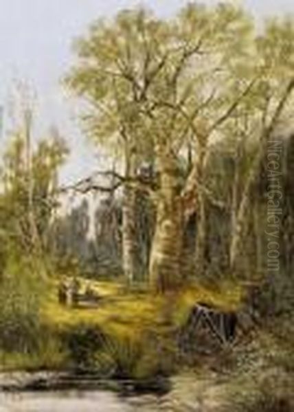 Clearing At The Edge Of The Forest With Bundle - Wood Pickers Oil Painting by Pierre Dumont