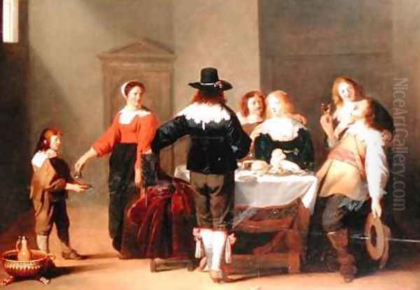 A Guardroom Interior with Soldiers Eating and Drinking in Female Company Oil Painting by Christoffel Jacobsz van der Lamen