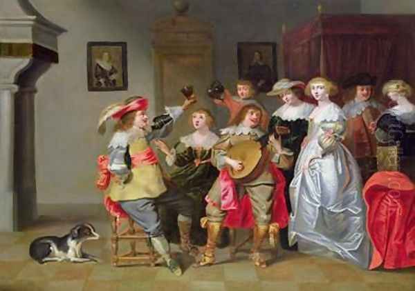 An Elegant Company Merry making in an interior Oil Painting by Christoffel Jacobsz van der Lamen