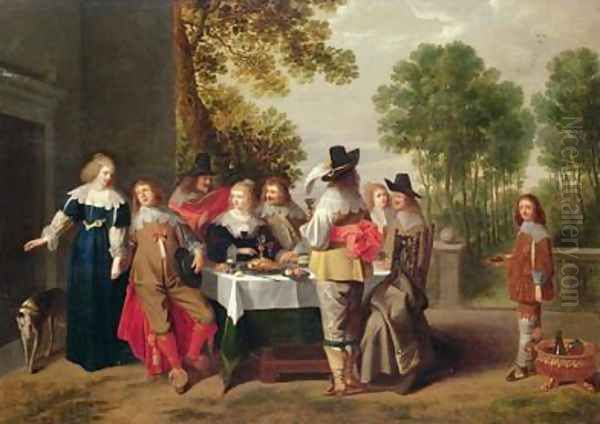 Elegant Company seated at a Table in a Formal Garden Oil Painting by Christoffel Jacobsz van der Lamen