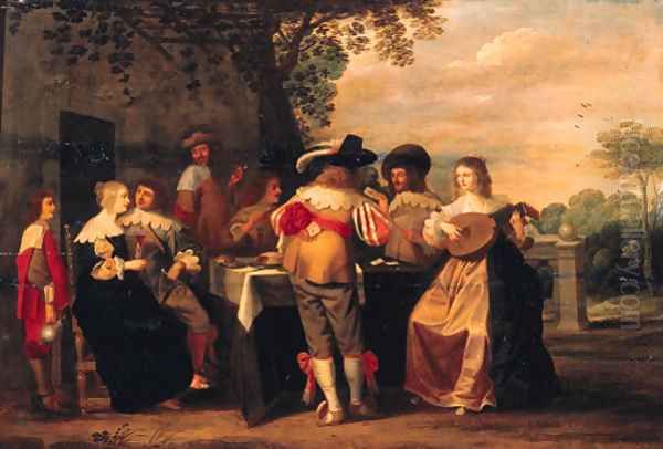 Elegant company merrymaking on a terrace Oil Painting by Christoffel Jacobsz van der Lamen