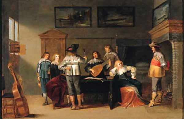 Officers in a brothel, with a lute player and a page nearby Oil Painting by Christoffel Jacobsz van der Lamen