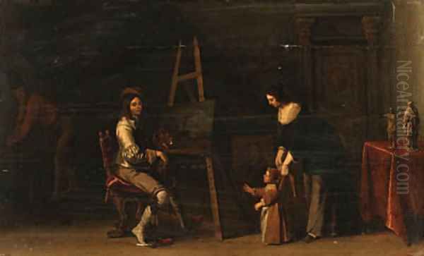 An Artist at an Easel with his Family in his Studio Oil Painting by Christoffel Jacobsz van der Lamen