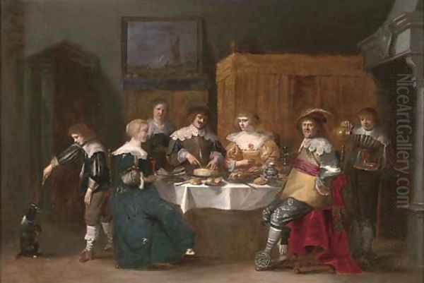 Elegant company eating and drinking in an interior Oil Painting by Christoffel Jacobsz van der Lamen